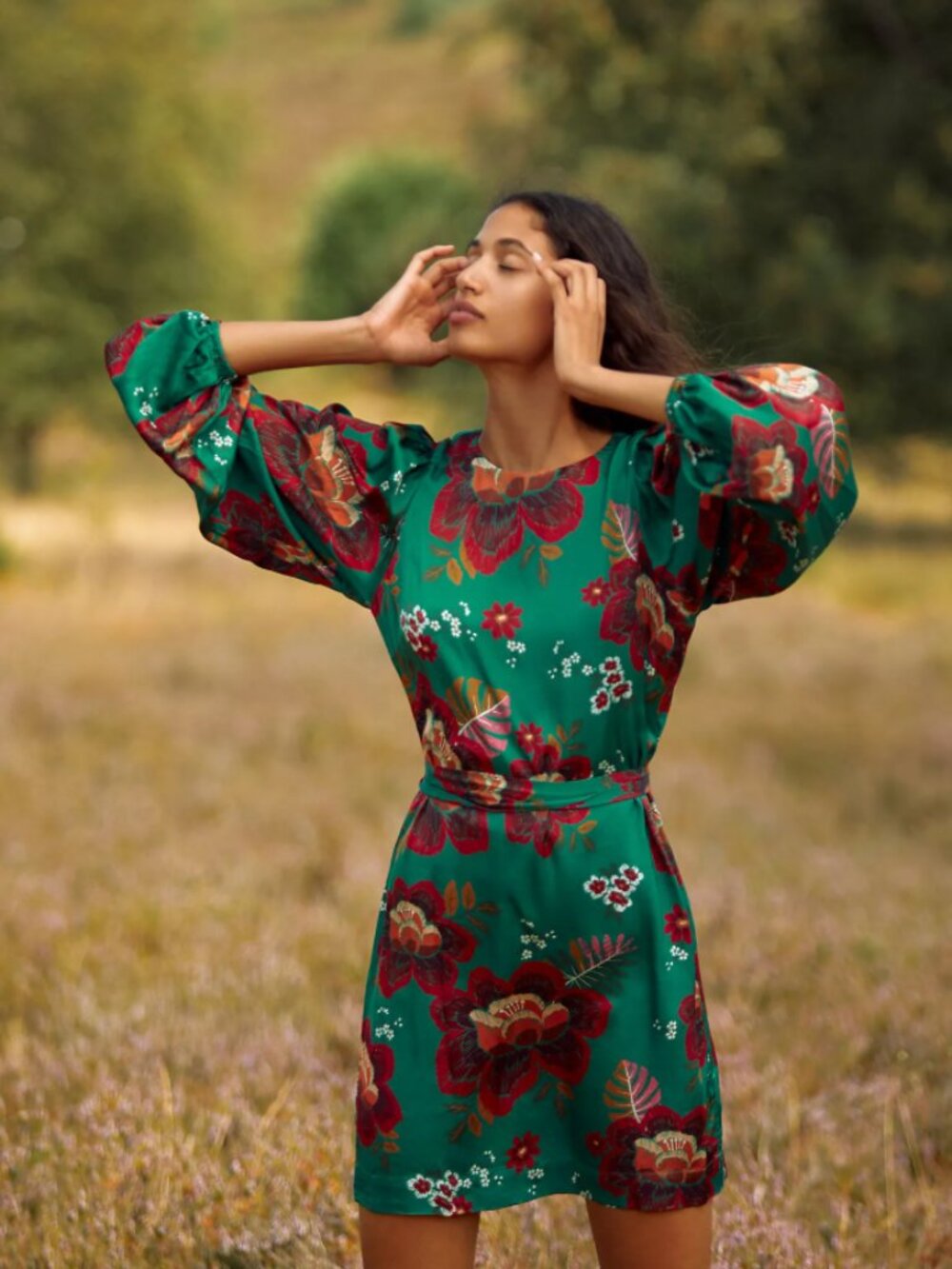 FARM Rio for Anthropologie Floral Mini Dress Size Small Puff Sleeve Green